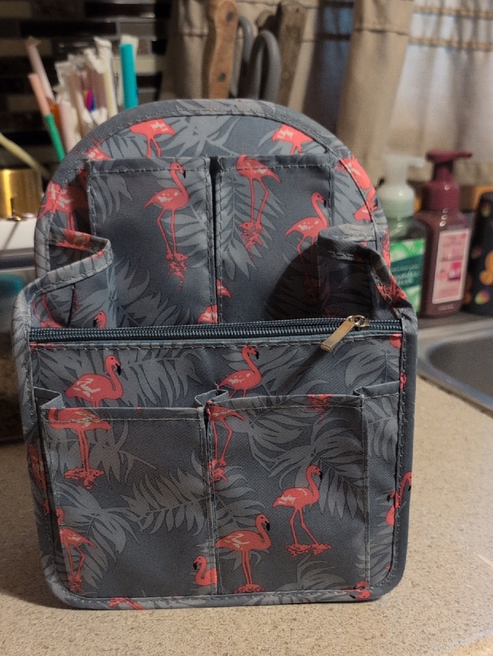Gray Flamingo Print Mini Backpack Organizer